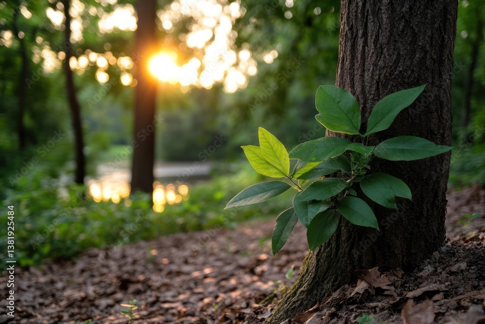 Aufkleber Sunlit young green leaves on tree trunk against blurred forest path and sunset background creating serene natural scene. The warm golden light illuminates the tranquil environment