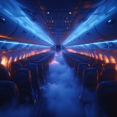 Ethereal interior of a futuristic commercial airplane cabin with dramatic blue and orange lighting creating a surreal and mysterious ambiance for the passengers  journey through the sky