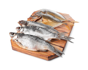 Many different dried fish isolated on white
