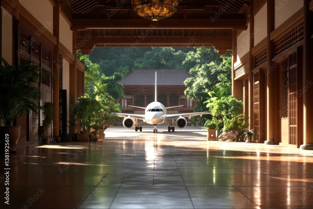 Leinwandbilder Airplane parked inside a traditional wooden structure with a view of trees and a building in the background with warm lighting creating a serene atmosphere
