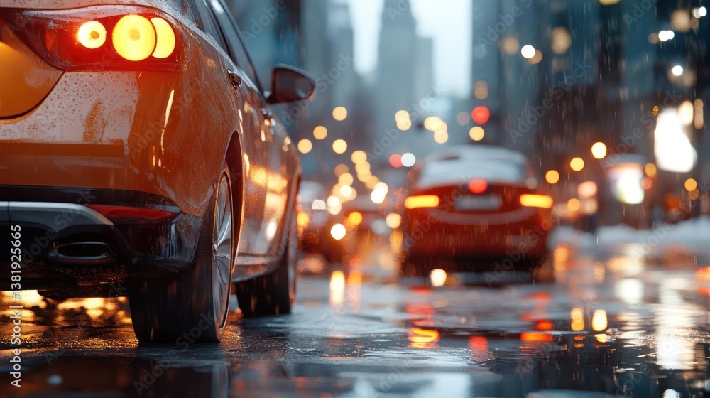 Poster city street view with vehicles in rain. wet asphalt reflects vehicle lights and city lights creating
