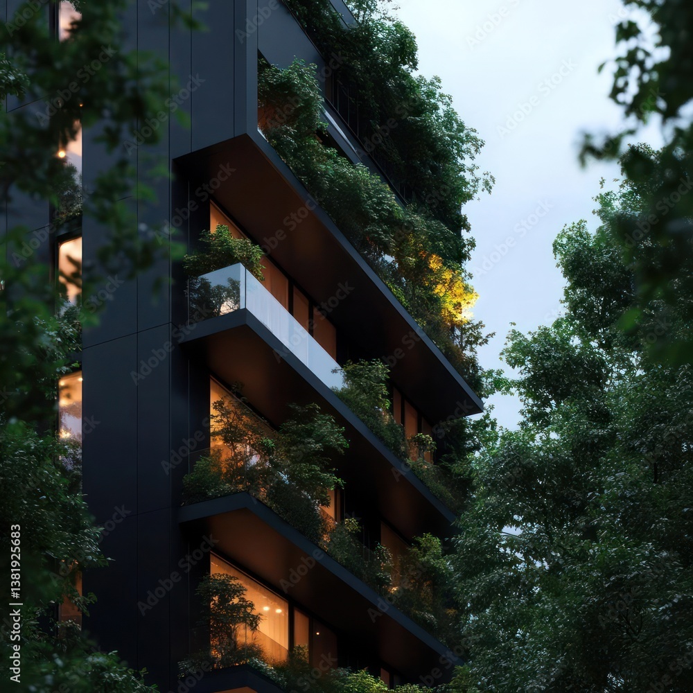 Poster modern architectural structure with balconies filled with vibrant green foliage against a twilight s