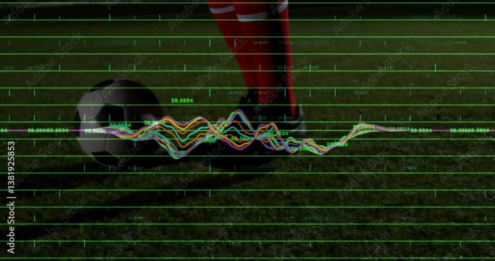 Poster kicking soccer ball, player with animation of data analysis lines on field