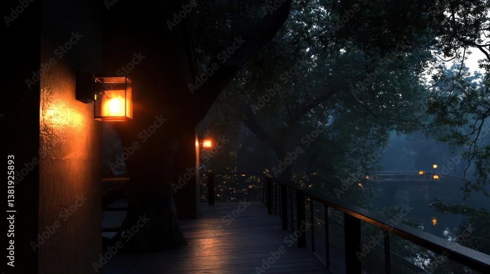 Poster evening view of a wooden walkway along a river with lanterns illuminating a tree and the water. the 