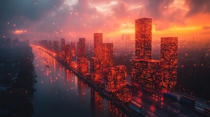 Fototapeta premium Mesmerizing cityscape with a panoramic view of a modern metropolis at night Towering skyscrapers with glowing lights reflected in the calm river below