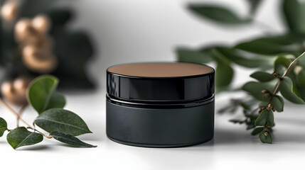 Black cosmetic jar, green leaves, white background