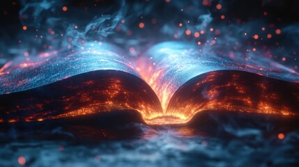 Cosmic explosion of energy and light in a surreal celestial landscape with fluid and dynamic waves of colorful glowing cosmic elements transforming and creating a mesmerizing mystical scene