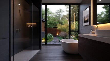 Modern bathroom interior with natural light illuminating white tub stone floor and outdoor garden view through a large window