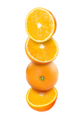 Fresh juicy orange fruits falling on white background