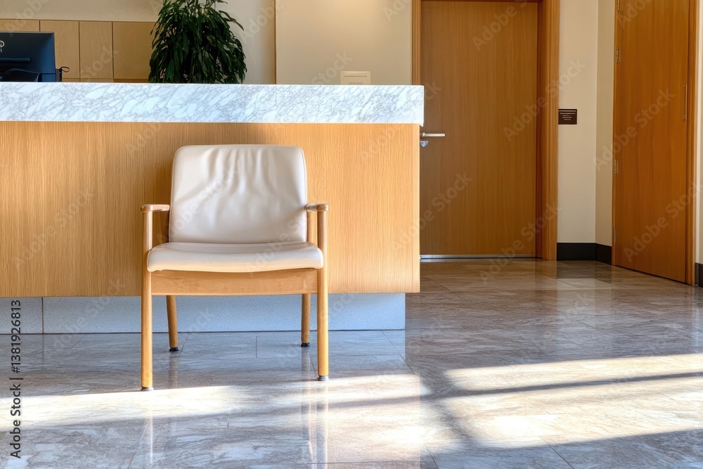 Aufkleber empty cream colored chair in front of a counter with marble and wooden textures. the backdrop shows 