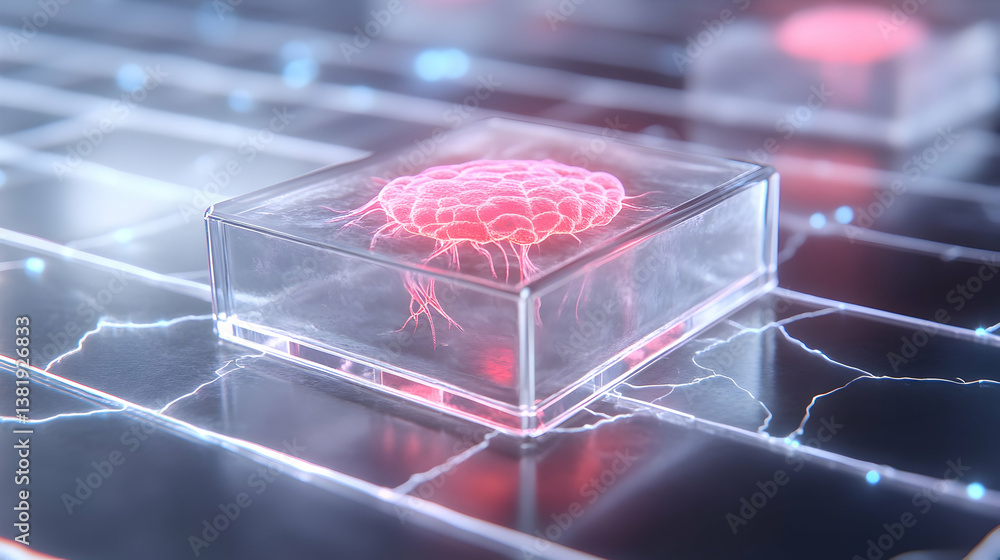 Aufkleber a glowing red cell sample in a glass cube on a futuristic tech surface. generative ai