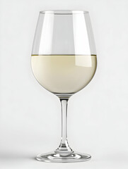 A partially filled glass of white wine on a white background. generative ai