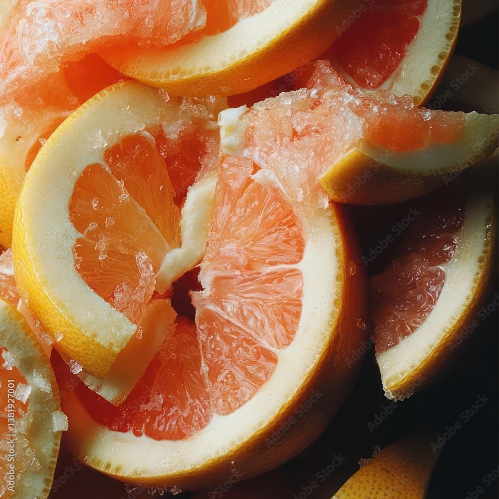 Poster close-up shot of sliced fruit with sugar crystals. the vibrant pink flesh contrasts with the white r