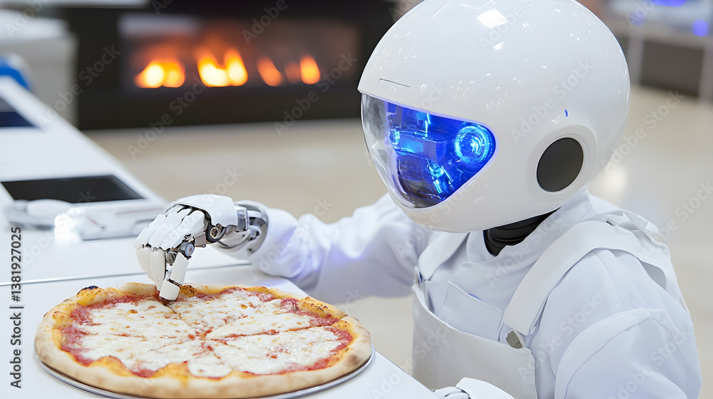 Poster a white robot in a kitchen setting enjoys a slice of cheese pizza. generative ai