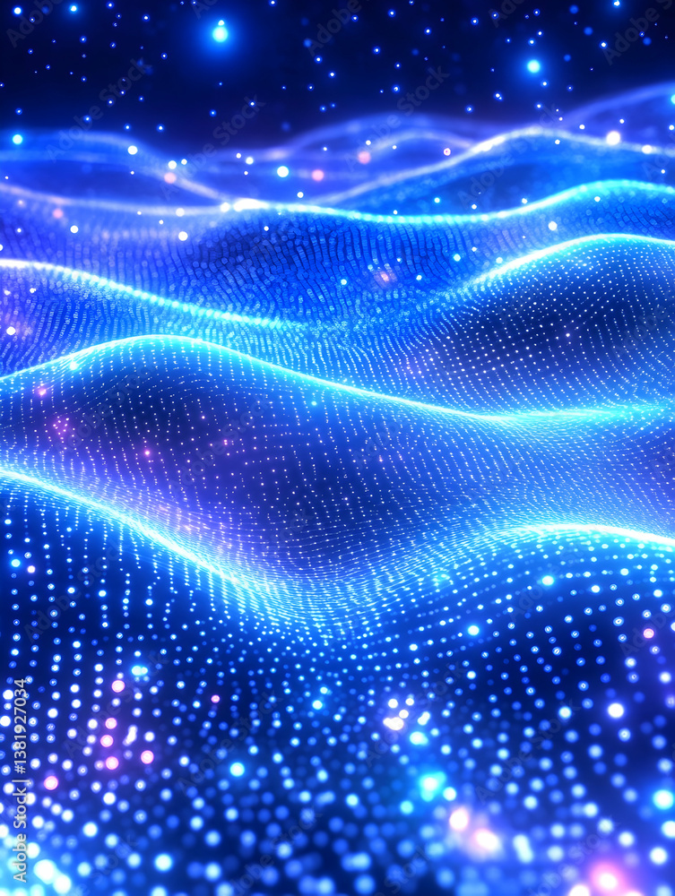 Poster abstract blue glowing wave with sparkling particles. generative ai