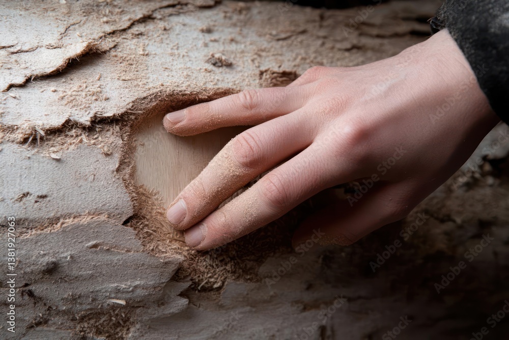 Poster close up shot of a hand gently touching a textured wooden surface with sawdust particles, soft light