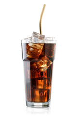 Glass of cola with ice cubes isolated on white