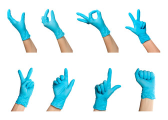 People wearing medical glove isolated on white, set