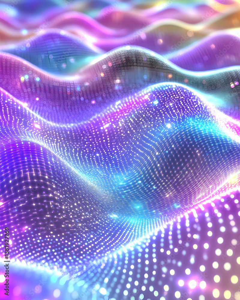 Poster abstract iridescent wavy surface with glowing particles. generative ai