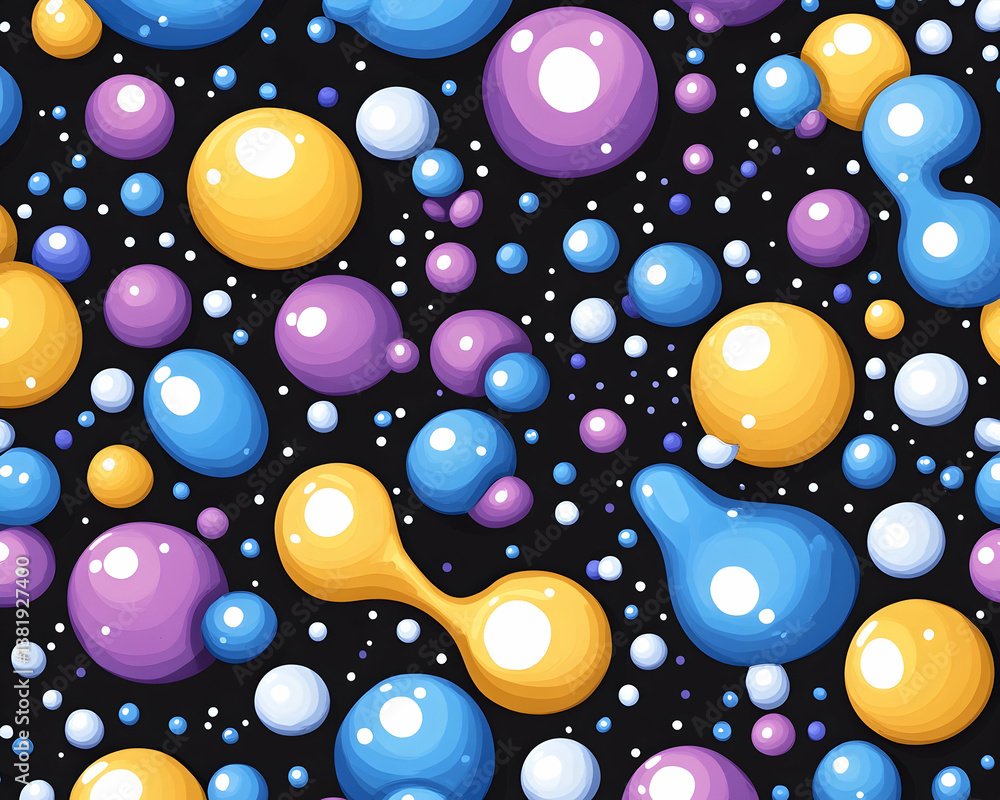 Poster abstract seamless pattern of colorful glossy bubbles on dark background. generative ai