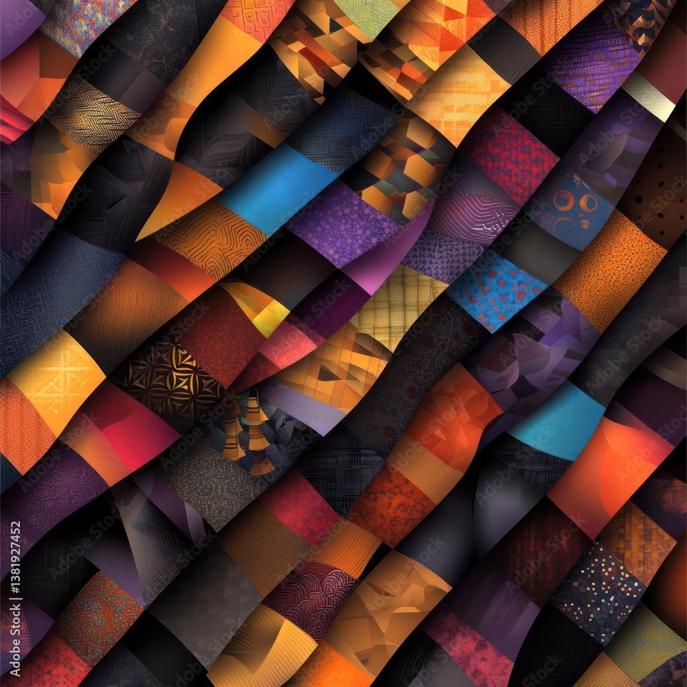 Poster Abstract mosaic pattern with diagonal lines and a rich tapestry of textures and colors including orange, purple, and brown creating a dynamic visual experience