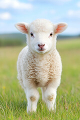 Fototapeta premium Adorable fluffy lamb standing in a lush green pasture, looking directly at the camera. generative ai
