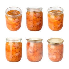 Canned meat in glass jars isolated on white, set