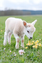 Obraz premium Adorable white lamb grazing on wildflowers in a lush green pasture. generative ai