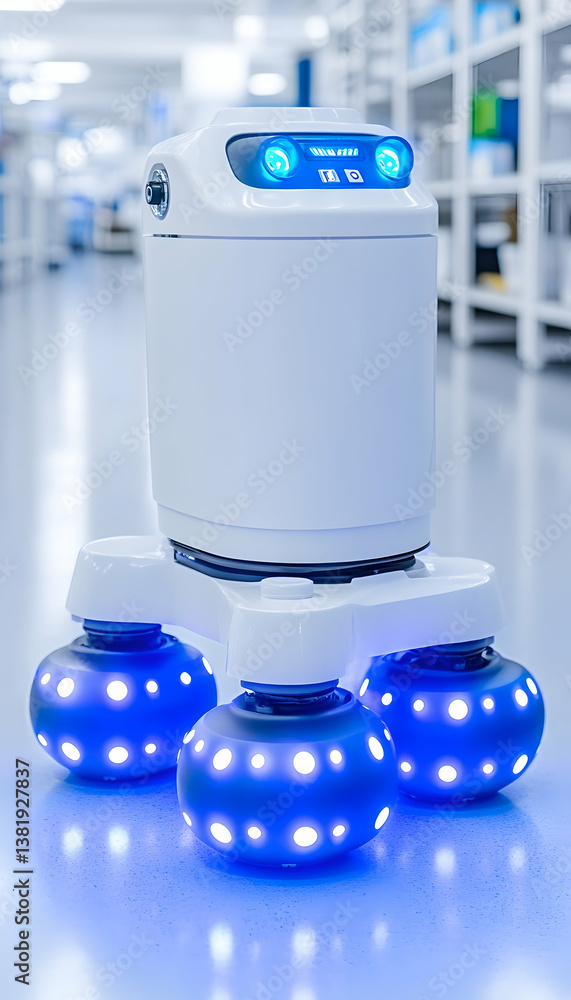 Poster autonomous delivery robot with blue led lights on wheels in a sterile environment. generative ai