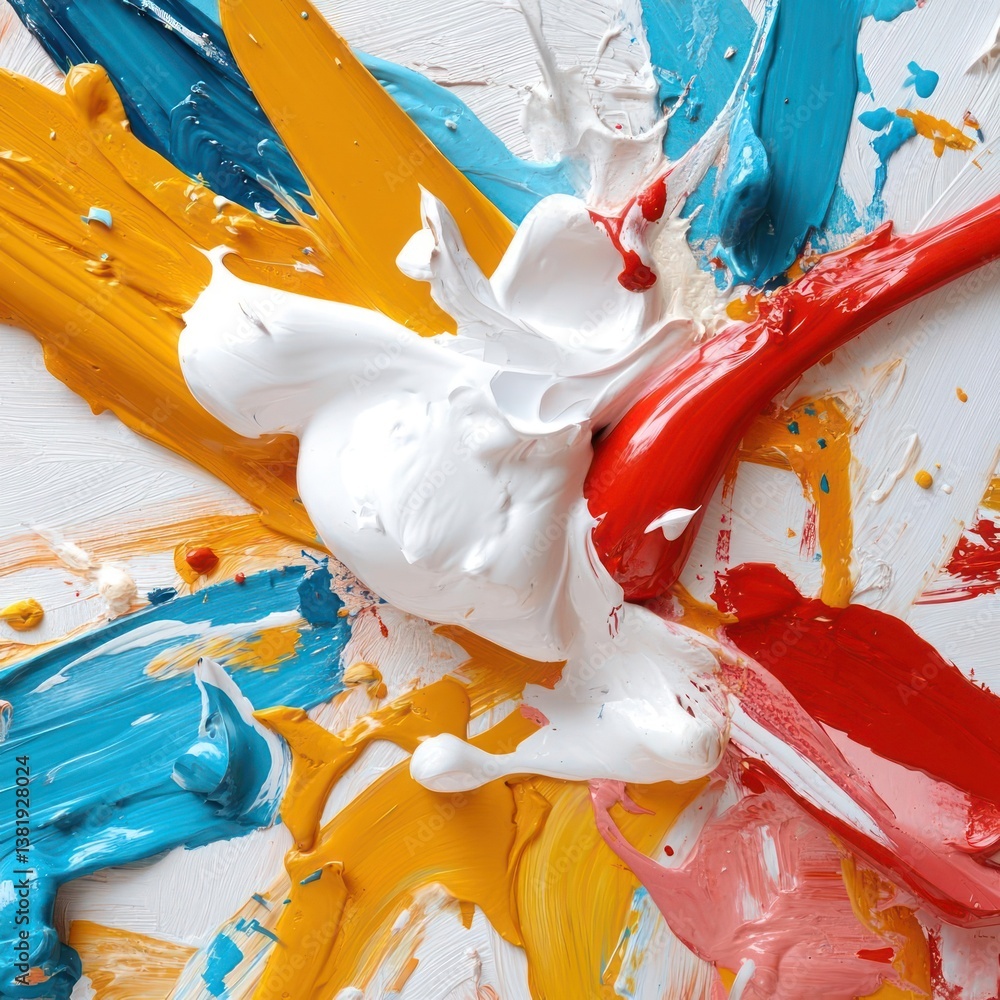 Poster abstract colorful paint splash with white red yellow and blue colors on white surface expressive tex