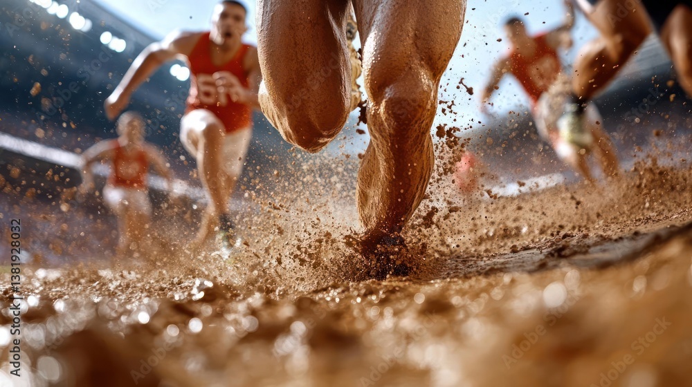 Poster Close up of athlete legs running through mud during a race with blurred background showing other runners and stadium. Focus on splashing dirt and athletic performance
