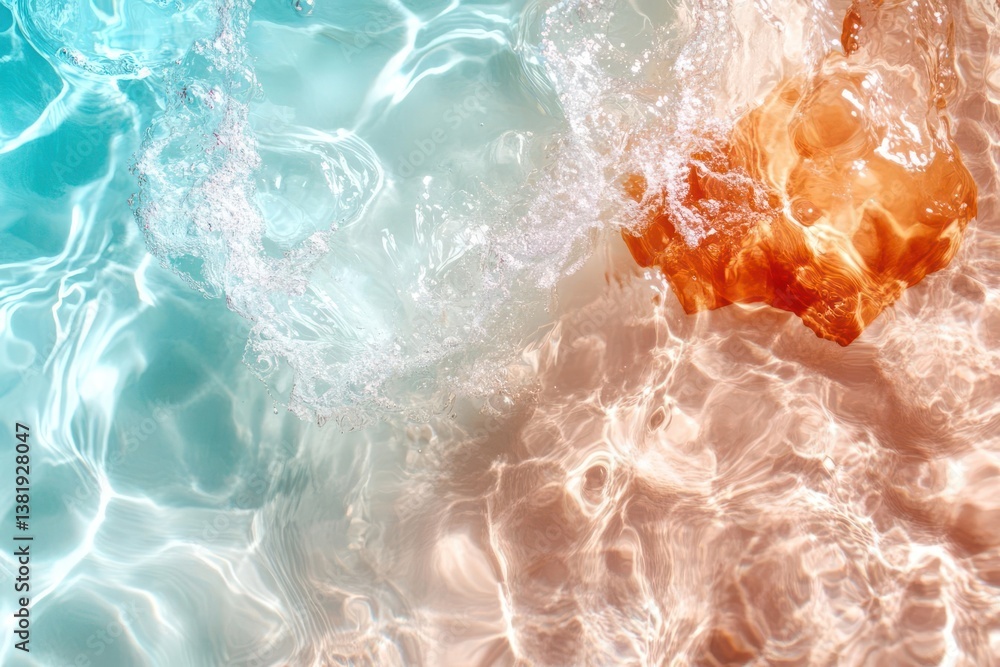 Aufkleber close up of water surface with wave motion in teal and brown colors and sunlight reflection with spl