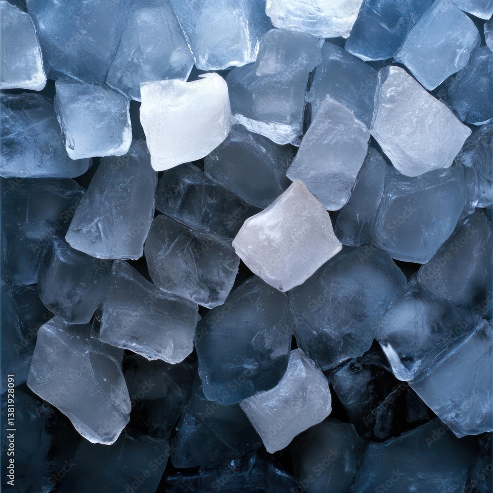 Poster Close-up shot of a pile of ice cubes with a gradient blue and white color scheme. The image highlights the texture and transparency of the ice