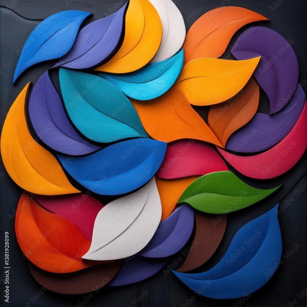 Poster Arrangement of colorful stylized leaves in various shades on a dark wooden surface creating a vibrant abstract composition