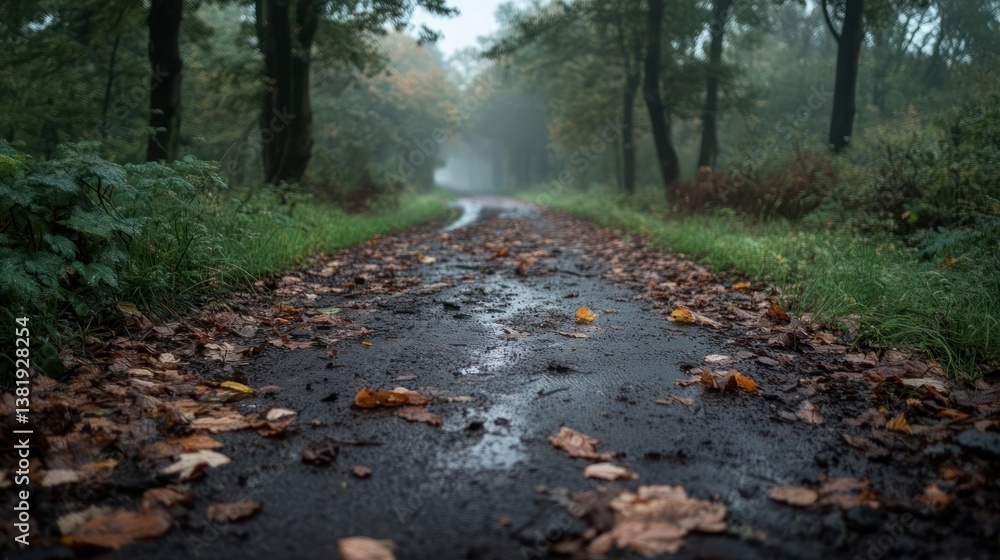 Poster a winding road through a misty forest path. brown autumn leaves on the wet asphalt. green vegetation