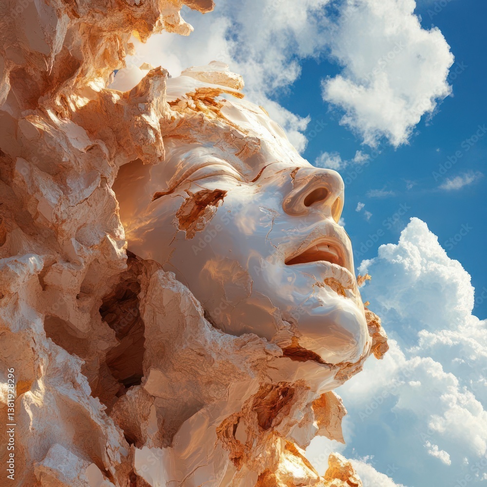 Poster a surreal sculpture of a serene face formed from textured golden material against a backdrop of blue