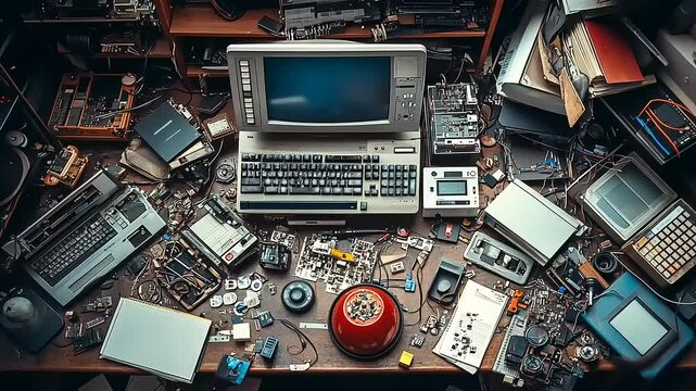 Overhead View of a Computer Components Mess on a Wooden Desk with a Central Vintage Computer and Monitor in a Dim Lit Room