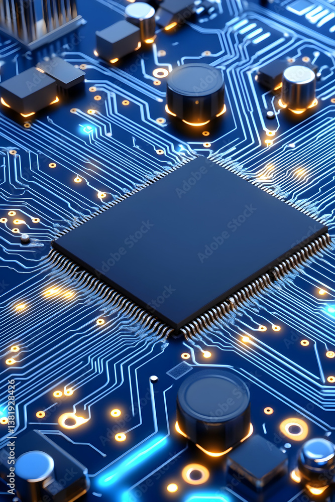 Poster close-up of a central processing unit on a circuit board, glowing blue circuitry. generative ai
