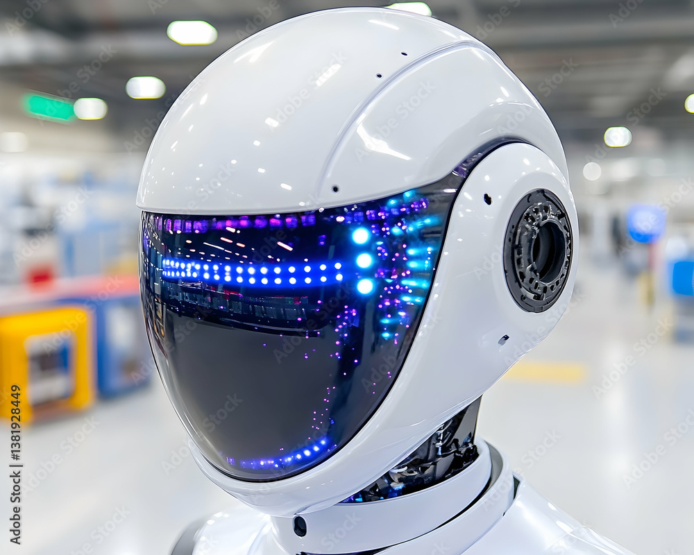 Poster close-up of a futuristic white robot head with illuminated visor. generative ai