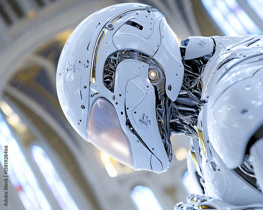 Aufkleber close-up of a futuristic white robot's head in a cathedral setting. generative ai