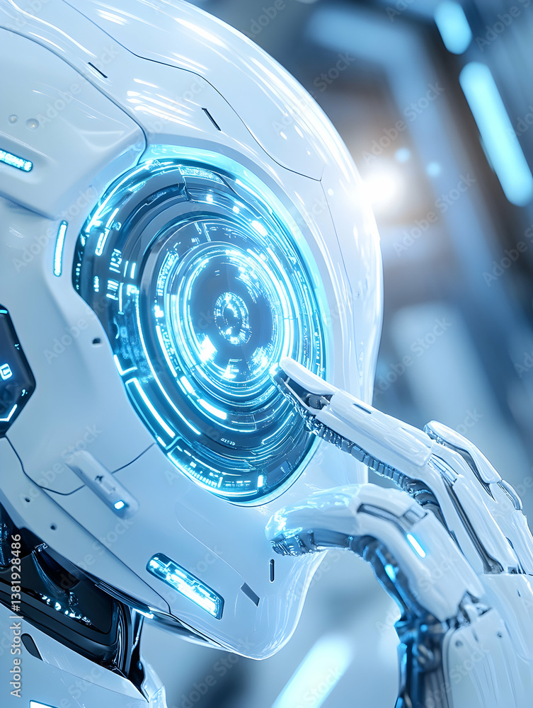 Poster close-up of a futuristic white robot's head, featuring a glowing blue optical sensor its robotic han