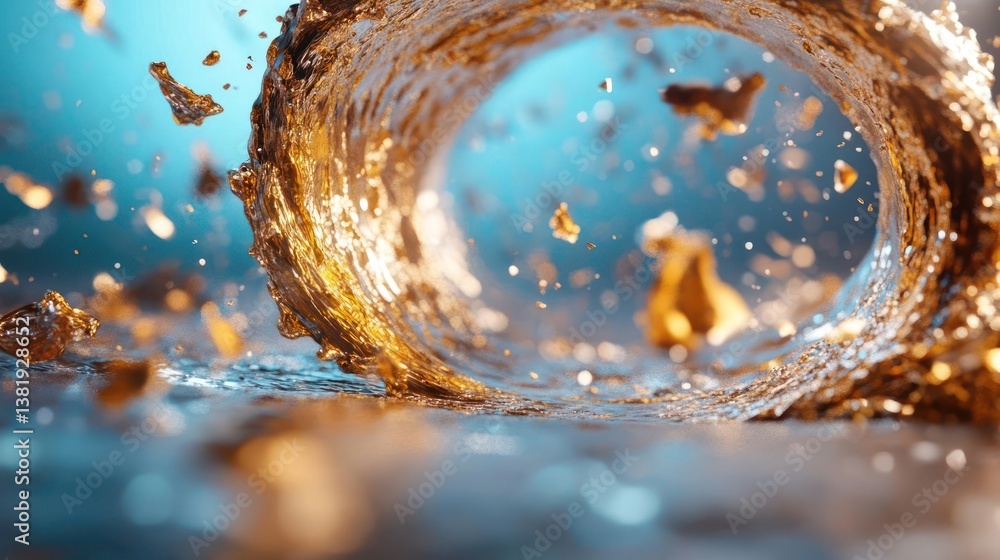 Poster Abstract gold liquid swirling through a tunnel with floating particles on a shiny reflective surface against a blue backdrop