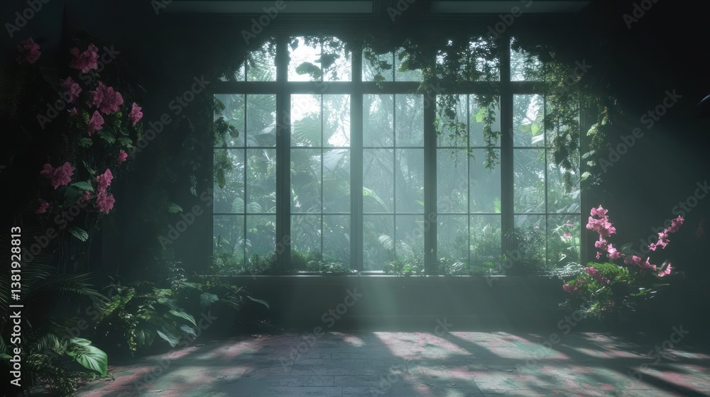 Poster serene interior with arched window blooming plants and sunlit view framed by lush foliage creating p