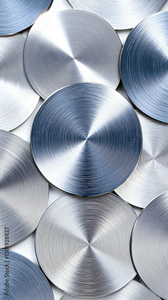 Poster close-up of overlapping brushed metal discs, showing concentric circular patterns and varying shades