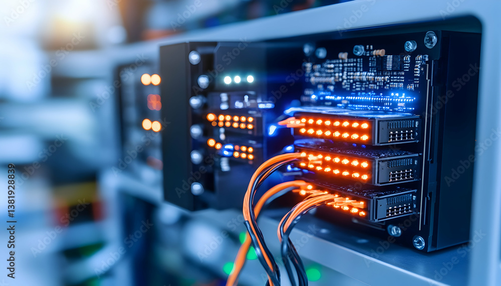 Poster close-up of server rack with illuminated hard drives and cables. generative ai