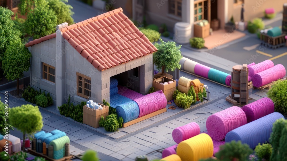Poster Isometric view of a warehouse with colorful fabric rolls and boxes surrounded by trees and a streetscape
