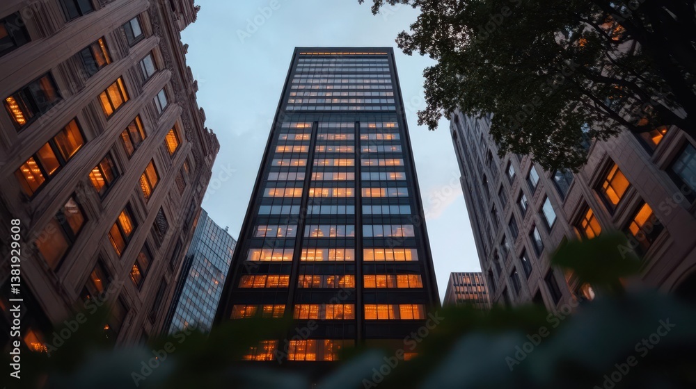 Aufkleber tall skyscraper at dusk framed by surrounding buildings with illuminated windows capturing a city am