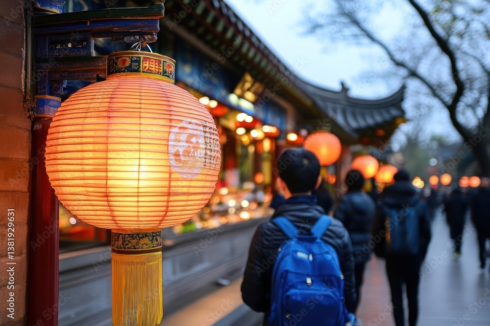Aufkleber illuminated red paper lantern with traditional asian architecture and blurred people walking in back