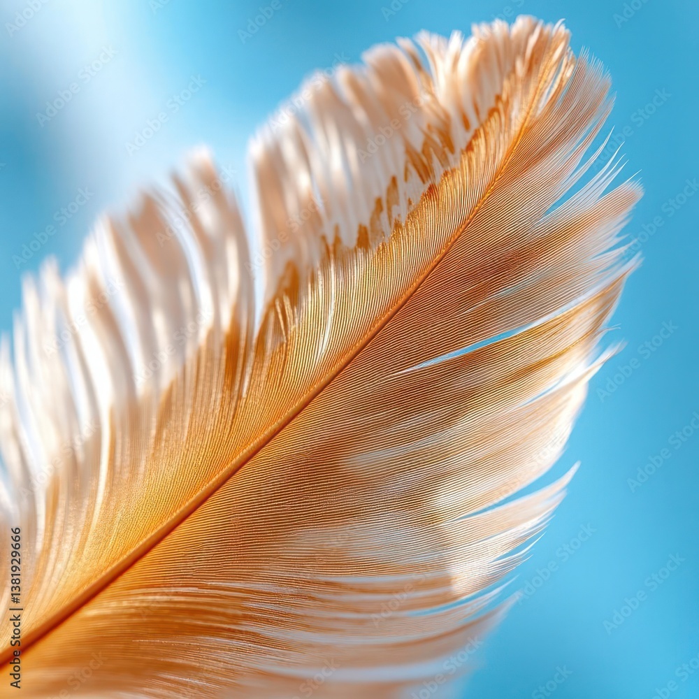 Poster macro of detailed brown and gold feather against blurred bright blue background with soft lighting s