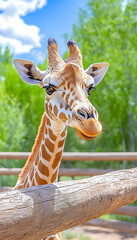 Obraz premium Curious giraffe's head and neck peeking over wooden fence against a vibrant, sunny sky. generative ai